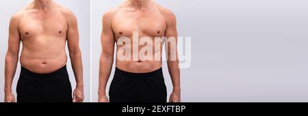 Homme mature avant et après la perte de poids. La forme du corps a été modifiée pendant le rebouchage Banque D'Images
