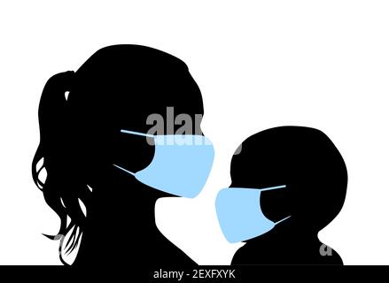 Maman avec un bébé portant un masque médical. Illustration vectorielle Illustration de Vecteur