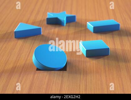 Pièce incorrecte dans le trou. Assortiment de blocs bleus sur une table en bois. Jouet éducatif et test psychologique. Banque D'Images