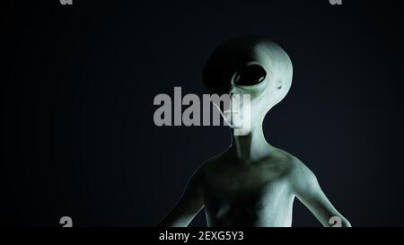 Extraterrestre humanoïde sinistre sur fond noir. Illustration de rendu 3D. Banque D'Images