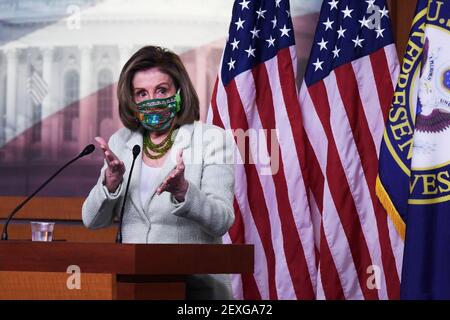 Washington, Distric de Columbia, États-Unis. 4 mars 2021. La conférencière de la Chambre NANCY PELOSI(D-CA) parle lors de sa conférence de presse hebdomadaire, aujourd'hui le 04 mars 2021 à HVC/Capitol Hill à Washington DC, États-Unis. Credit: Lénine Nolly/ZUMA Wire/Alamy Live News Banque D'Images