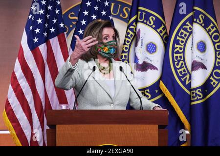 Washington, Distric de Columbia, États-Unis. 4 mars 2021. La conférencière de la Chambre NANCY PELOSI(D-CA) parle lors de sa conférence de presse hebdomadaire, aujourd'hui le 04 mars 2021 à HVC/Capitol Hill à Washington DC, États-Unis. Credit: Lénine Nolly/ZUMA Wire/Alamy Live News Banque D'Images