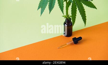 CBD l'huile de cannabis et les feuilles de cannabis sur fond orange et vert minimal. Huile de chanvre CBD dans la pipette Banque D'Images