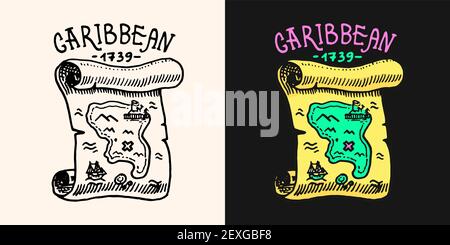 Carte du Trésor pirate avec logo de l'île. Jolly roger ou Corsair. Marine et nautique ou mer, emblème de l'océan pour autocollant ou t-shirt. Gravé à la main Illustration de Vecteur