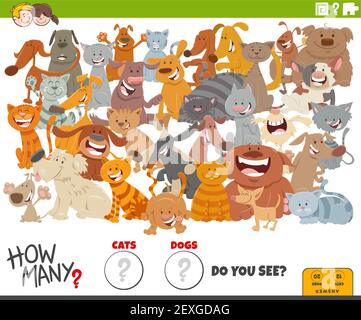 Illustration du jeu éducatif de comptage pour les enfants avec des chats de dessin animé et les chiens Illustration de Vecteur