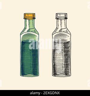 Une bouteille d'huile d'olive. Produit végétarien biologique. Conditionnement pour beurre. Gravé à la main, dessiné dans un ancien croquis vintage. Illustration vectorielle. Illustration de Vecteur