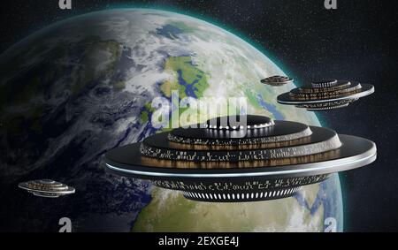 De nombreux vaisseaux spatiaux extraterrestres volent vers la Terre. Concept d'invasion d'OVNI. Illustration de rendu 3D. Éléments de cette image fournies par la NASA. Banque D'Images
