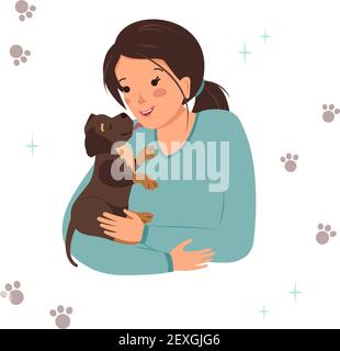 Une femme tient un chiot Labrador Retriever dans ses bras Illustration de Vecteur