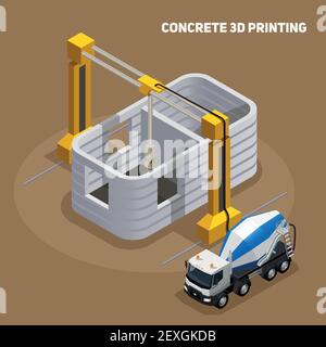 Composition isométrique de la production de béton avec vue du bâtiment imprimé en 3d en construction avec illustration vectorielle de chariot de mélange de ciment Illustration de Vecteur