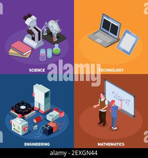 STEM éducation composition isométrique avec compositions de livres éléments d'ordinateurs de l'équipement scientifique et de l'illustration vectorielle des caractères humains Illustration de Vecteur