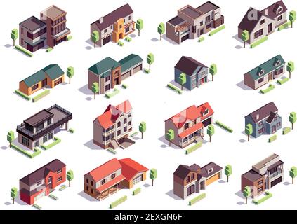 Bâtiments suburbiens composition isométrique avec seize images isolées de moderne maisons résidentielles avec garages et illustrations vectorielles d'arbres Illustration de Vecteur