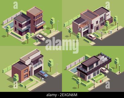 Bâtiments suburbiens isométriques 2x2 compositions ensemble avec quatre monuments résidentiels yards paysages avec villa moderne abrite l'illustration vectorielle Illustration de Vecteur