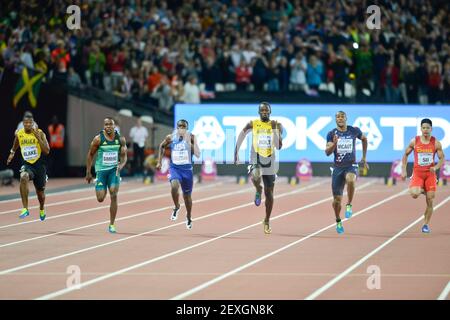 Usain Bolt (JAM), Bronze), Christian Coleman (USA, argent), Yohan Blake (JAM). Finale hommes 100 mètres. Championnats du monde d'athlétisme de l'IAAF - Londres 2017 Banque D'Images