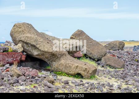 Moai renversés (statues) et pukao (nœuds hauts) à AHU Akahanga sur la côte sud rocheuse et sauvage de l'île de Pâques (Rapa Nui), au Chili Banque D'Images