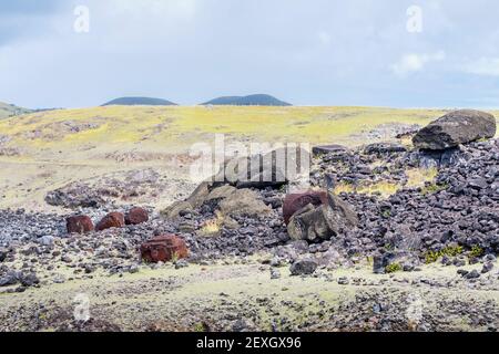 Moai renversés (statues) et pukao (nœuds hauts) à AHU Akahanga sur la côte sud rocheuse et sauvage de l'île de Pâques (Rapa Nui), au Chili Banque D'Images