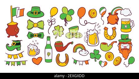 Fête de la Saint Patrick, 17 mars, ensemble d'illustrations vectorielles à thème de célébration, collection de dessins et d'éléments d'art clips dessinés à la main. Illustration de Vecteur