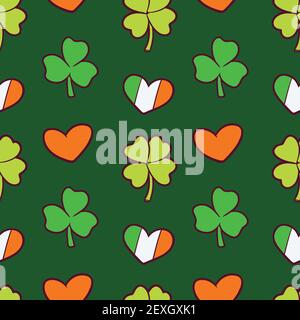 Fête de la Saint Patrick, 17 mars, motif sans couture sur le thème de la fête, composé d'illustrations vectorielles et d'éléments dessinés à la main. Illustration de Vecteur