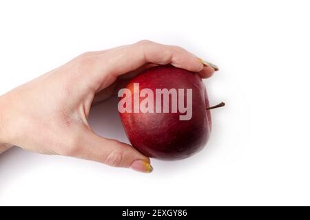 vue de dessus de la main femelle avec pomme rouge sur blanc arrière-plan Banque D'Images