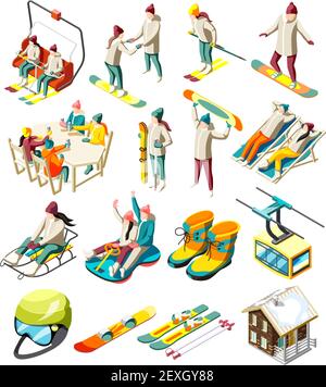 Les éléments de la station de ski ensemble d'icônes isométriques avec les skieurs et snowboarders avec équipement sportif illustration vectorielle isolée Illustration de Vecteur