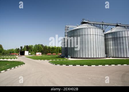 Grenier moderne pour les animaux. Grands récipients de stockage en métal pour le grain Banque D'Images