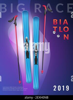 Couleur violet réaliste biathlon affiche verticale grand titre de course biathlon et l'illustration du vecteur de ski Illustration de Vecteur