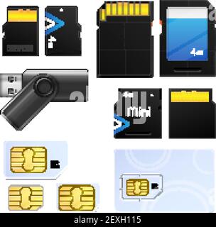 Icône SIM de carte mémoire réaliste isolée définie avec différents types Pour différentes illustrations vectorielles technologiques Illustration de Vecteur