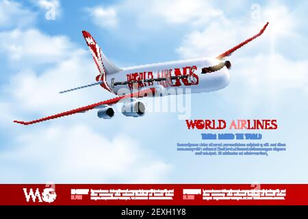 Affiche publicitaire de tours autour du monde avec avion de voyage de passager sur ciel bleu ciel nuageux illustration vectorielle réaliste Illustration de Vecteur