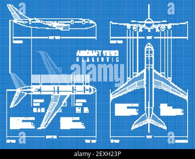 Plan de dessin coté aviation industriel de la partie supérieure de l'avion de contour et des vues de face illustration vectorielle réaliste Illustration de Vecteur