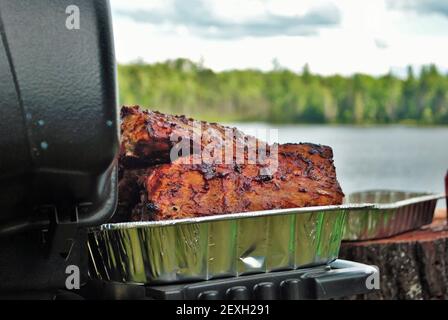 De délicieuses côtes sur le grill à côté d'un lac Banque D'Images