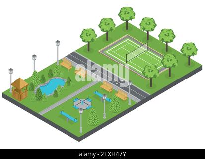 Composition du parc des banlieues avec étang des arbres et terrain de sport isométrique illustration vectorielle Illustration de Vecteur