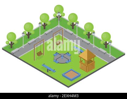 Concept de parc de banlieue avec bancs d'arbres et aire de jeux à vecteur isométrique illustration Illustration de Vecteur