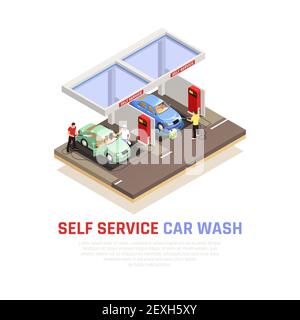 Illustration vectorielle de composition isométrique de lavage au Carwash avec symboles de lavage en libre-service Illustration de Vecteur