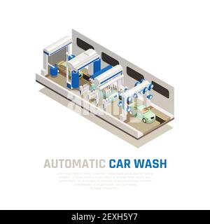 Service de lavage de voiture isométrique consépt avec vecteur de symboles de lavage de voiture automatique illustration Illustration de Vecteur