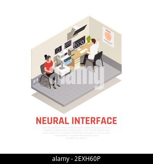 Neurologie et interface neuronale concept isométrique avec symboles de recherche cérébrale illustration vectorielle Illustration de Vecteur