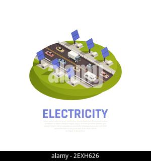 Concept de l'électricité avec des voitures à piles solaires et vecteur isométrique d'autoroute illustration Illustration de Vecteur