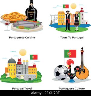 Portugal tourisme concept icônes ensemble avec des symboles de la cuisine et de la culture illustration vectorielle isolée plate Illustration de Vecteur