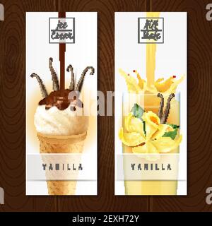 Desserts aromatisés à la vanille 2 bannières verticales réalistes appétissantes avec de la glace illustration vectorielle isolée crème et milk shake Illustration de Vecteur