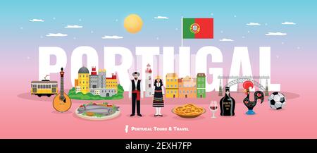 Portugal concept de tourisme avec la cuisine les gens et les symboles de vues plate illustration vectorielle Illustration de Vecteur