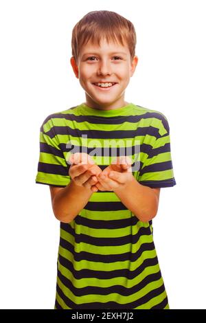 Garçon enfant adolescent blond main ouverte paume isolée sur blanc studio Banque D'Images