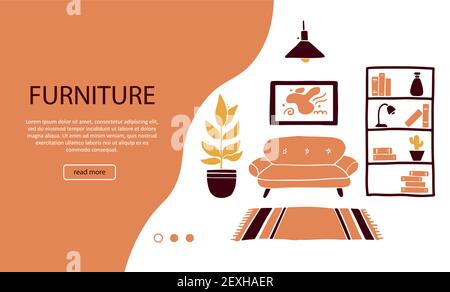 Modèle de bannière de meubles de salon, canapé, plante de maison, lampadaire, étagère, moquette. Style plat tendance et simple. Illustration de l'aménagement intérieur, magasin de meubles, site Web, prospectus, brochure. Illustration de Vecteur