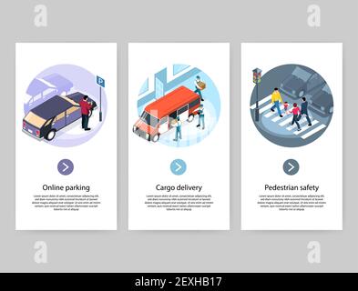 City concept 3 bannières isométriques verticales avec chargement de stationnement en ligne illustration du vecteur de traversée de zébrures pour piétons à la livraison sûre Illustration de Vecteur