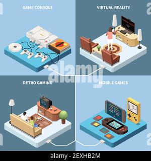 Jeu de gamers concept isométrique 2x2 avec des images de jeu consoles et salons avec illustration vectorielle de personnes Illustration de Vecteur