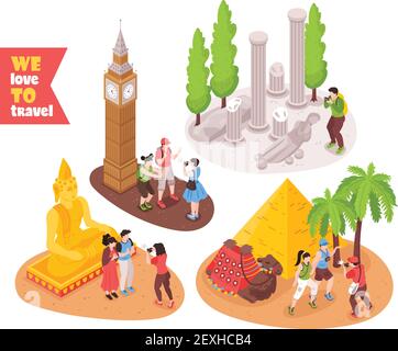 Travel Journey concept 4 compositions isométriques avec des touristes visitant l'égypte pyramides londres big ben rome illustration vectorielle Illustration de Vecteur