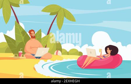 Composition de dessins animés à distance flexible de travail avec des indépendants couple vacances avec des ordinateurs portables sur une illustration vectorielle de plage tropicale Illustration de Vecteur