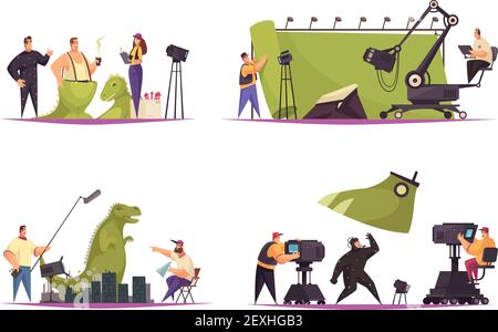 Cinéma film de production concept 4 bandes dessinées à plat avec acteur de tournage dans une illustration vectorielle de costume de dinosaure Illustration de Vecteur