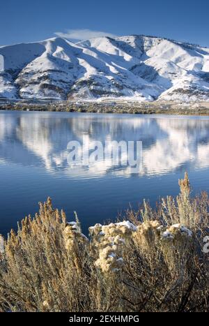 Columbia River Past Homes lent après la neige fraîche Banque D'Images