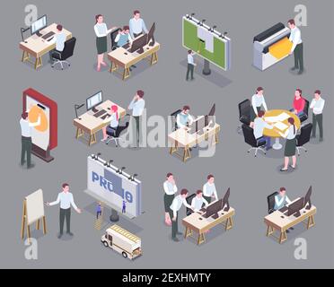 Le personnel de l'agence de publicité sur leur lieu de travail icônes isométriques ensemble isolé sur l'illustration vectorielle 3d en arrière-plan gris Illustration de Vecteur
