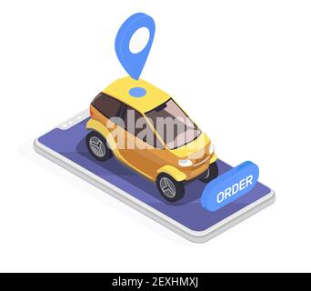 Concept isométrique de transport avec smartphone et voiture électrique jaune allumée illustration vectorielle 3d sur fond blanc Illustration de Vecteur