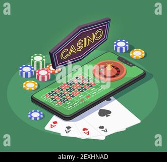 Composition isométrique de casino en ligne avec des cartes de smartphone et des jetons pour jeux de hasard sur fond vert illustration 3d vecteur Illustration de Vecteur