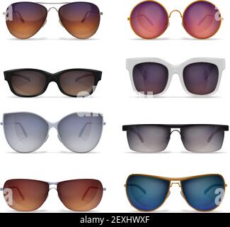 Ensemble de huit lunettes de soleil isolées images réalistes avec lunettes de soleil modèles de formes et de vecteurs de couleur différents Illustration de Vecteur